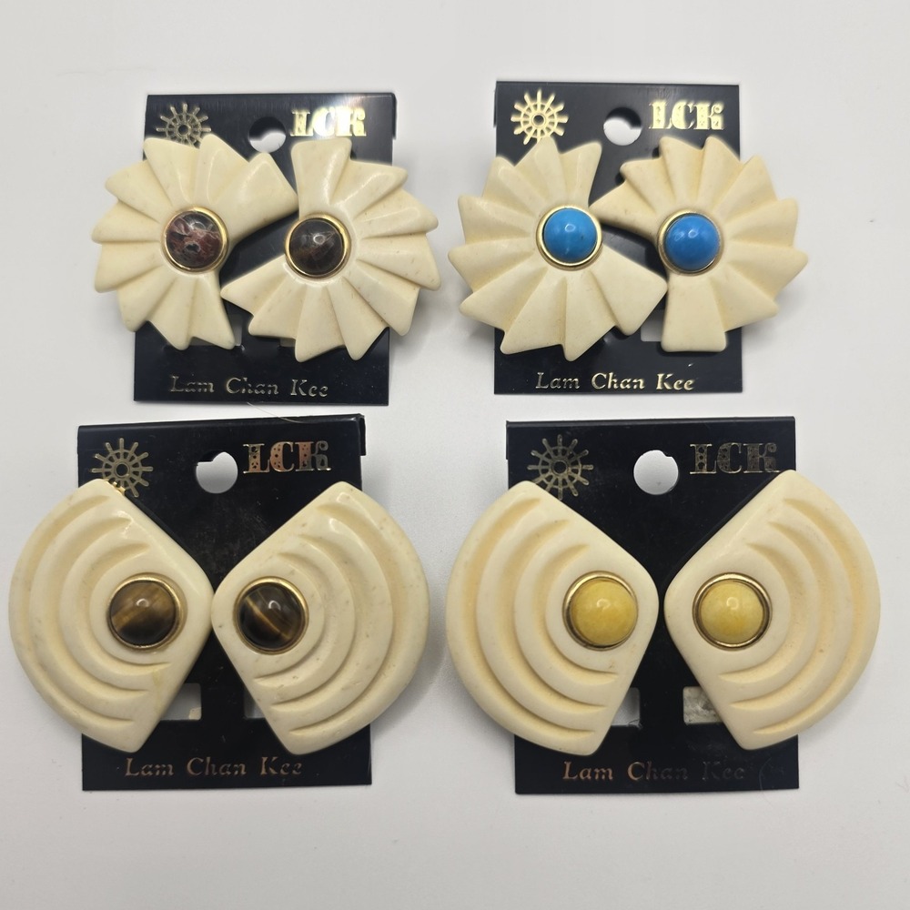 Lot 4 Lam Chan Kee LCK Earrings Faux Ivory Tone Carved Retro Statement 80s 90s